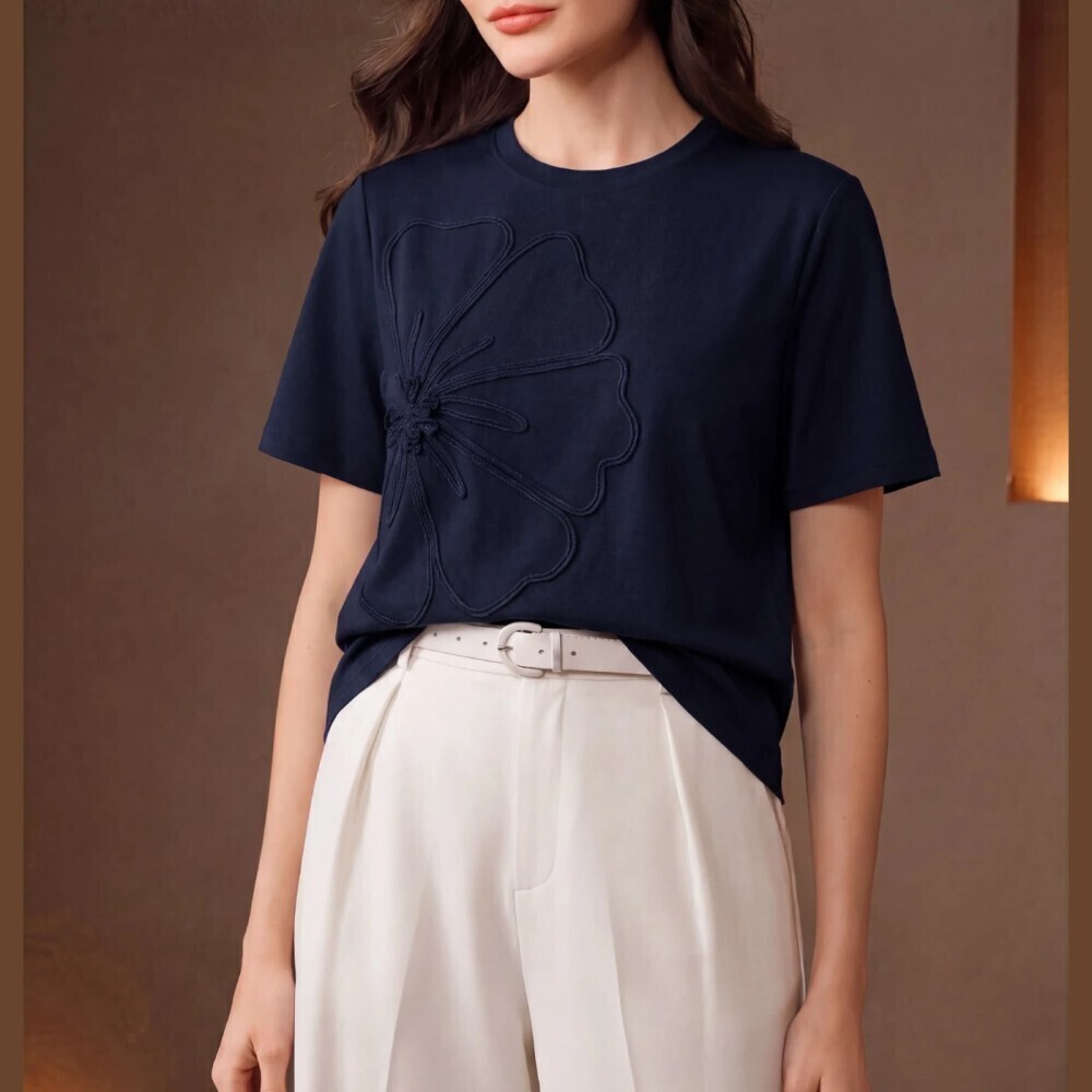 Navy Blue Textured Floral Applique Round Neck Short Sleeve Knit Tee